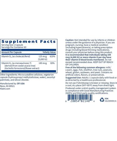 Klaire Labs Vitamin D Plus K - 5000 IU D3 & K2 MK-7 Supplement - Bone, Cardiovascular, Immune Support (60 Capsules) - Buy Online on GoSupps.com