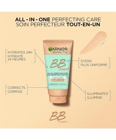 Garnier BB Cream Classic with Hyaluronic Acid + Aloe Vera 5-in-1 Skin Perfector SkinActive Light/Medium - 50ml 50 ml (Pack of 1) Beige - Buy Online on GoSupps.com