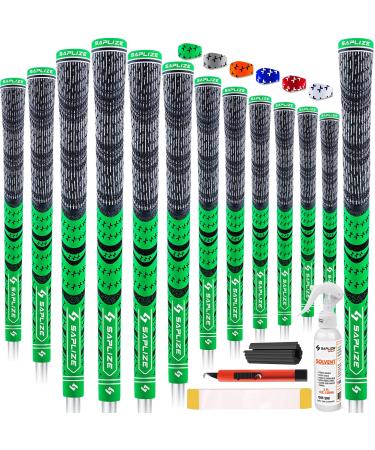SAPLIZE Hybrid Golf Grips (CL03) - Set of 13, Low Taper Design, Cross Corded Rubber Technology, Options of 6 Colors, Standard/Midsize, Upgrade/Deluxe Kit for Choice, MultiCompound Golf Club Grips Fluorescent Green, 13 grips with full solvent kit Mid-Size
