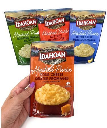 Idahoan Mashed Potatoes Bundle of 4 Variety Pack - Buttery Mashed Four Cheese Mashed Butter & Herb Mashed Roasted Garlic Mashed - Buy Online on GoSupps.com