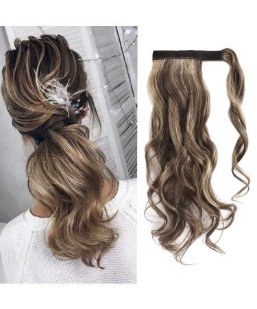 18" SEGO Ponytail Extension Human Hair 100% Real Remy Curly Wavy #4/27 Medium Brown&Dark Blonde Wrap Around One Piece Clip in Hairpieces for Women Body Wave (90g)