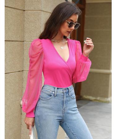 Fayenne Womens Tops Deep V Neck Cross Wrap Sexy Tops Polka Dot Mesh Long Sleeve T Shirt Casual Blouses M Hot Pink - Buy Online on GoSupps.com
