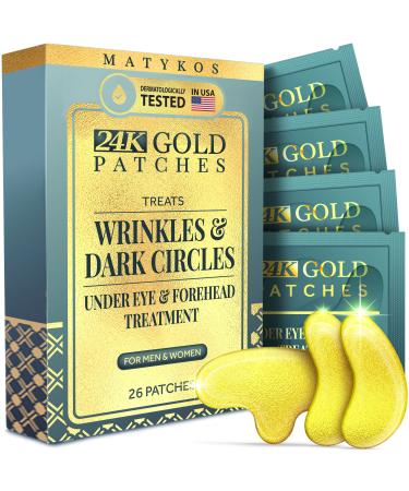24K Gold Under Eye and Forehead Patches - 26 PCS - Collagen and Hyaluronic Acid Pads that Helps Reducing Under Eye Puffiness, Wrinkles, and Dark Circles - NO Artificial Fragrance or Alcohol 26 Count (Pack of 1) 24k Gold