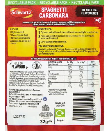 McCormick Schwartz Spaghetti Carbonara Recipe Mix 32g Pack of 12 No artificial colors or flavors No added preservatives or MSG Suitable for vegetarians - Buy Online on GoSupps.com