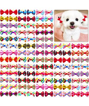 Mruq pet 100pcs Dog Hair Bows, Bulk Small Yorkie Dog Bows with Rubber Bands, Pet Little Dog Hair Accessories Bows, Handmade Mix Puppy Doggie Bowknot for Holiday Daily Dog Cat Grooming Accessories A095-100pcs Small Dog Hair Bows