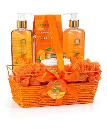 Home Spa Gift Basket - Orange & Mango Fragrance - 7pc Bath & Body Set For Women & Men Contains Shower Gel Bubble Bath Body Lotion Bath Salt 2 Bath Poufs & Handmade Basket