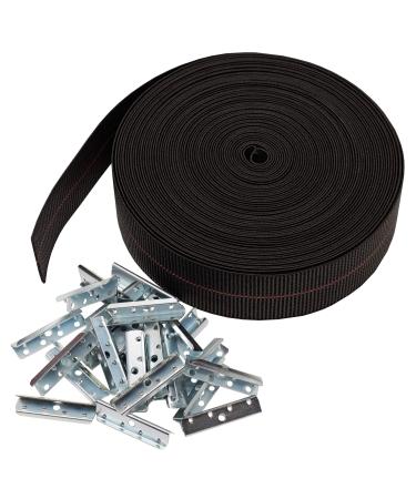House2Home Replacement Elastic Webbing Kit to Repair Sagging Couch, Chair, Lawn,and Patio Furniture, Includes Installation Instructions, 2 Inch Wide x 60 Ft. Long Strapping and Metal Webbing Clips Black
