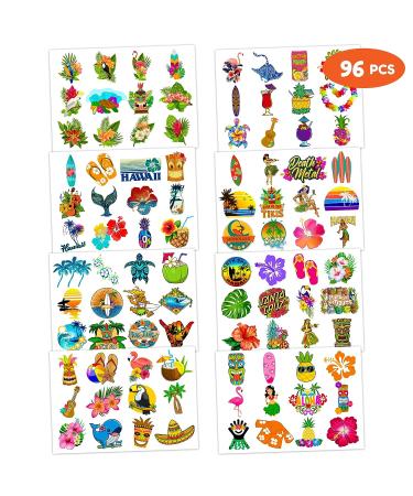 Hawaiian Luau Temporary Tattoo Stickers - 8 Sheets, 96 PCS - Summer Beach Party Decorations & Favors for Kids - Carnival & Christmas Gifts - Buy Online on GoSupps.com