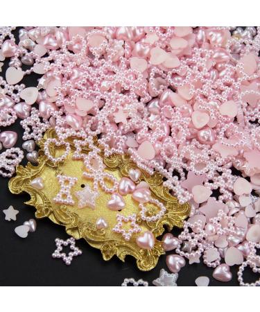 500Pcs Pink Assorted Pearls Nail Charms Multi-Shapes Heart Star Bowknot Pearls Nail Beads Charms Pink ABS Hollow Pearls Nail Charms for Manicure DIY Crafts Jewelry Accessories S2-pink