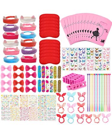 Spa Party Favors for Girls Multiple Spa Party Supplies with Gift Bags Nail File Toe Separator Bow Hair Scrunchies Colorful Hair Braids Clips Eye Mask Nail Stickers for Girl Kids Birthday Party Favors
