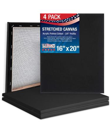 U.S. Art Supply 16 x 20 inch Black Stretched Canvas 12-Ounce Primed 4-Pack - Professional Artist Quality 3/4 Profile 100% Cotton Heavy-Weight Gesso - Painting Acrylic Pouring Oil Paint 16 x 20