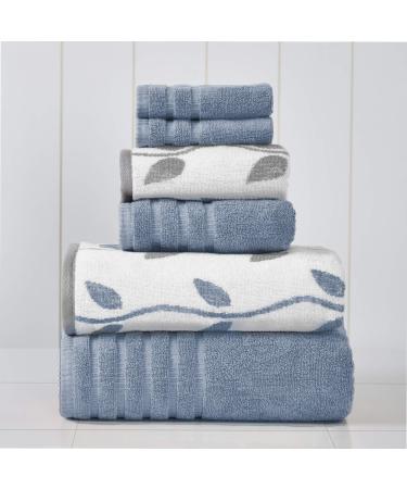 Amrapur Overseas 6-Piece Yarn Dyed Organic Vines Jacquard/Solid Ultra Soft 500GSM 100% Combed Cotton Towel Set Blue Blue Towel Set