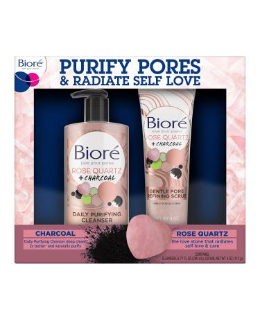 Bior Rose Quartz Charcoal Face Wash Cleanser (6.77 oz) + Gentle Pore Refining Scrub (4 oz) Dermatologist Tested Total Skincare Set for Purified Pores Oil-Free BUNDLE PACK (CLEANSER + SCRUB)