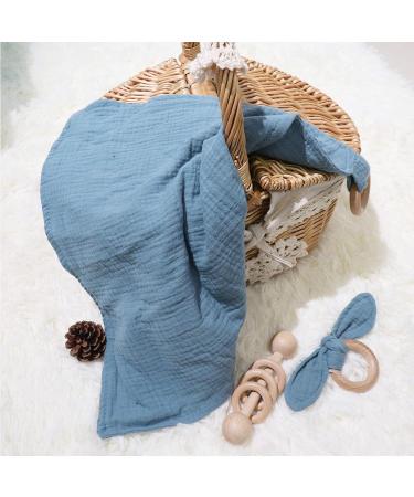 Baby Lovey Wood Rattle Teether Ring Set - Navy Blue Cotton Double Gauze 3 Pack | Montessori Gender Neutral Baby Shower Gift - Buy Online on GoSupps.com