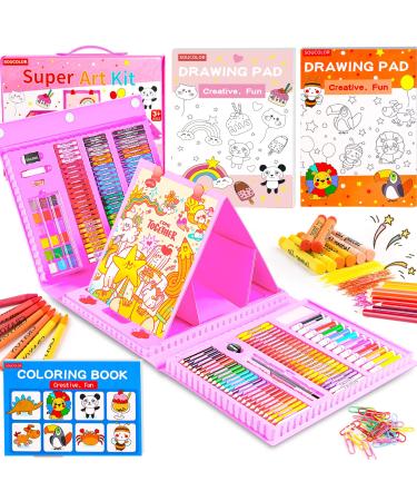 Soucolor Art Supplies 283 Pieces Drawing Set Art Kits with Trifold Easel 2 Drawing Pads 1 Coloring Book Crayons Pastels Arts and Crafts Gifts Case for Kids Girls Boys Teens Beginners Pink