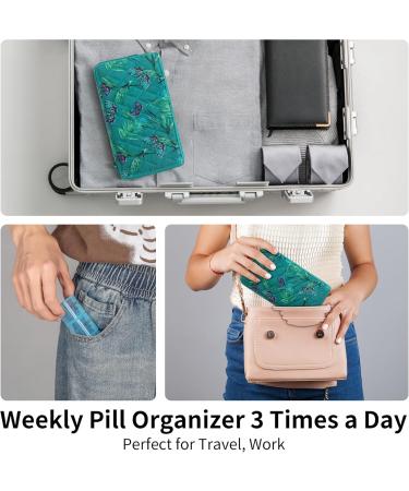 Weekly Pill Organizer 3 Times a Day | Travel Pill Case with Quilted Zipper Bag | 7 Day Vitamin & Medicine Organizer - Green Butterfly - Buy Online on GoSupps.com
