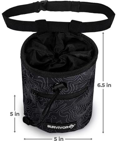 Survivor Chalk Bag with Topo Map Design - Drawstring Closure, 2 Pockets, Brush Holder - Ideal for Climbing, Bouldering, Gymnastics - Black - Buy Online on GoSupps.com