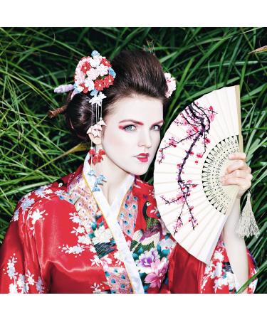 2-Piece Folding Bamboo Hand Fans with Tassel - White Cherry - Perfect for Gifts & Wall Decoration | Traditional Women's Handheld Fans - Buy Online on GoSupps.com
