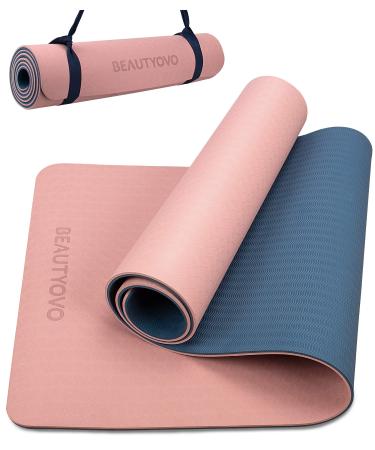 Yoga Mat with Strap, 1/3 Inch Extra Thick Yoga Mat Double-Sided Non Slip, Professional TPE Yoga Mats for Women Men, Workout Mat for Yoga, Pilates and Floor Exercises Cherry Pink & Navy Blue