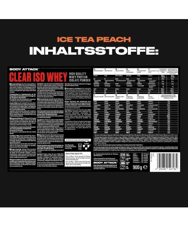  Body Attack Body Attack Clear ISO Whey - Ice Tea Peach Flavor - 900g - Made in Germany - Refreshing and transparent whey protein isolate - 24g of protein and 11 400mg of EAAs per Iso Whey - Buy Online on GoSupps.com