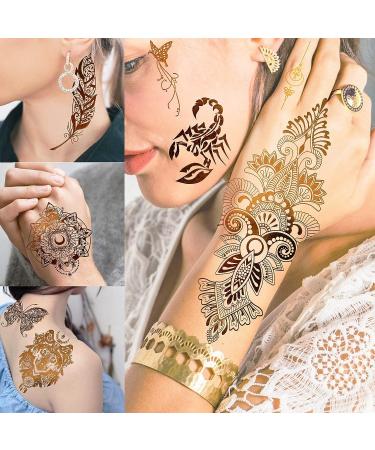 Rejaski 9 Sheets Flash Gold Metallic Temporary Tattoos - Bohemian Designs for Women, Adults - Fake Tattoo Stickers with Indian Tribal Elephant, 3D Wolf, Lion, Snake, Mandala Flower, Halloween Skull, Butterfly, Feather, Glitter - Buy Online on GoSupps.com