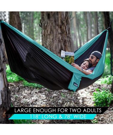 Double Camping Hammock with Tree Straps & Carabiners - Portable Parachute Nylon for Hiking, Backpacking, Travel - Easy Setup - Black/Sky Blue - Buy Online on GoSupps.com