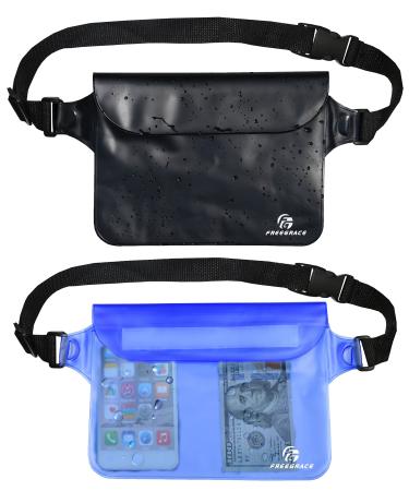 Freegrace Waterproof Pouches with Waist Strap / Pouch Case Bundle Set- Keep Your Phone & Valuables Dry and Safe - Waterproof Dry Bags for Boating Swimming Snorkeling Kayaking Beach Water Parks Pool Black + Blue