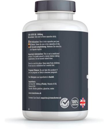 Transforme Cod Liver Oil Capsules 1000mg High Strength - 180 Omega 3 Softgels with EPA, DHA, Vitamins A & D3 | 6 Month Supply, Gluten Free - Buy Online on GoSupps.com
