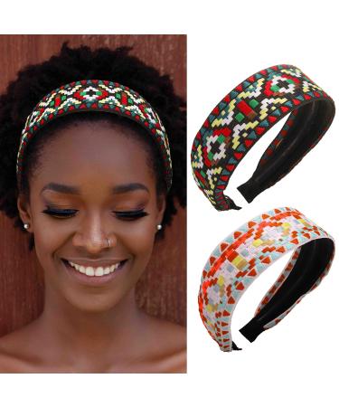 Coridy Boho Headbands Stretch Wide Hairbands Embroidery Printed Hair Hoops African Head Bands for Women Pack of 2 (Bohemia)