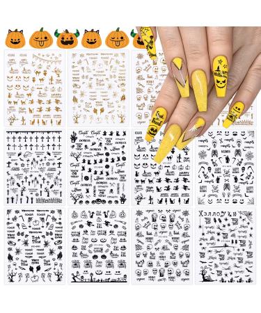 12 Sheets Halloween Nail Stickers EBANKU Black Gold 3D Self-Adhesive Nail Decals Ghost Pumpkin Grimace Skull Spider Cat Nail Sticker Designs for Women Girls Halloween Party