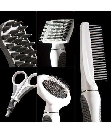 Catit Grooming Kit for Shorthaired Cats | 5-Piece Canister Set with Rubber Palm Brush, Nylon & Metal Slicker Brushes, Fine Comb, Curved Nail Clippers | White, Black, Grey | Short Hair - Buy Online on GoSupps.com
