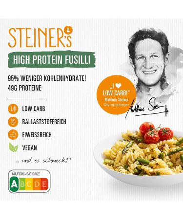 Steiner's High Protein Fusilli | 95% Less Carbs | 49g Protein | Low Carb & Fiber Rich Pasta - 250g Pack - Buy Online on GoSupps.com
