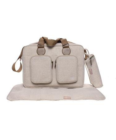 My Babiie Deluxe Changing Bag Padded Changing Mat Insulated Bottle Warmer Messenger Bag Travel Bag 2 Extra Pockets Adjustable Straps Carry Handles Beige