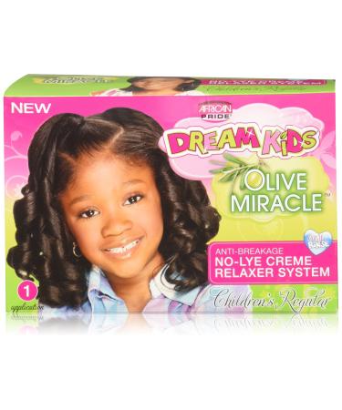 African Pride Dream Kids Olive Miracle Relaxer Regular - Contains Olive Oil, Helps Strengthen & Protect Hair, 1 Kit