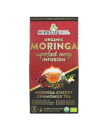 Miracle Tree's Moringa Energy Tea - Cherry Chamomile Tea | Super Caffeinated Blend | Healthy Coffee Alternative, Perfect for Focus | Organic Certified & Non-GMO | 16 Pyramid Sachets Cherry Chamomile 16 Count (Pack of 1)