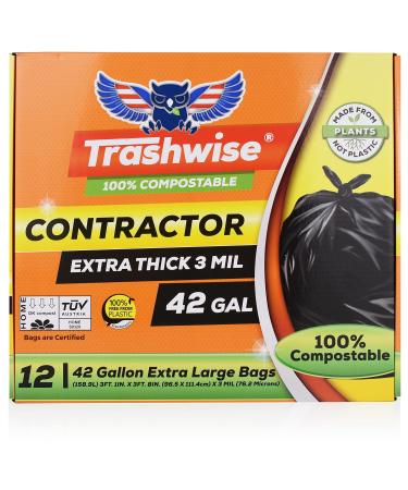 TRASHWISE 42 Gallon 100% Compostable Trash Bags Heavy Duty 3mils, Large Contractor Bags 12 Count, Yard Lawn Leaf Paper or Household Waste, Eco & Earth Friendly Garbage Bag Certified OK to Compost Home 12 Count (Pack of 1)