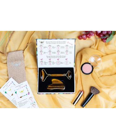 Sodacoda Gua Sha Set - Traditional Chinese Beauty Face Massage with Tiger Eye Semi-Precious Stone Scraper and Roller - Buy Online on GoSupps.com