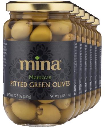 Mina Pitted Green Olives, 12.5 oz (Pack of 6) - Premium, Handpicked and Naturally Cured Olives, Gluten Free, Low Carb, Vegan, Great Keto Snack