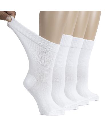 Hugh Ugoli Women's Cotton Diabetic Crew Socks Wide Thin Loose Fit and Stretchy Seamless Toe & Non-Binding Top 4 Pairs 9-12 White (4 Pairs)