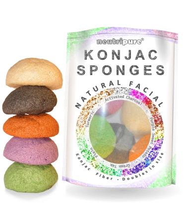 Konjac Sponge Set: Organic Skincare Facial for Natural Exfoliating and Deep Pore Cleansing 5 Piece Sampler Pack Infused with Charcoal Turmeric Green Tea