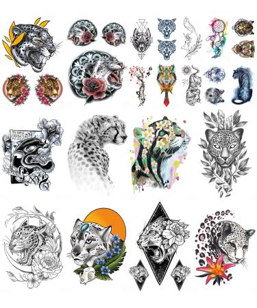 DaLin Large Leopard Wolf Tiger Temporary Tattoos Arm Tattoo Sleeves Fake Flower Tattoos for Women Men 20 Sheets