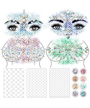 15 Pieces Halloween Mermaid Makeup Kit for Women 4 Pieces Mermaid Breast Jewels Body Gems with 8 Bottles Holographic Glitter 3 Pieces Mermaid Scales Stencil for Festival Rave Carnival Party