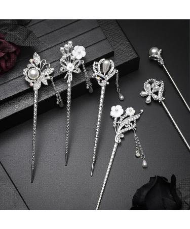 Vintage Rhinestone Pearl Flower Hair Stick Set - 6 Pieces | Chinese Hair Chopsticks with Tassel | Chignon Pin for Women | Hair Accessories for Girls (Chic Style) - Buy Online on GoSupps.com