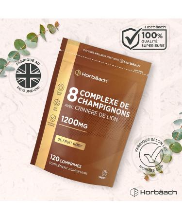 Complexe de 8 Champignons 1200 mg | Mushroom Supplement | Lions Mane Chaga Cordyceps Reishi Shiitake Maitake Shaggy Mane et Oyster | 120 g lules v g taliennes | par Horbaach - Buy Online on GoSupps.com