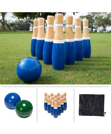Hey! Play! Backyard Lawn Bowling Game - 10 Wooden Pins, 2 Balls, Mesh Carrying Bag - Indoor & Outdoor Family Fun for Kids & Adults (8-Inch) Blue & White - Buy Online on GoSupps.com