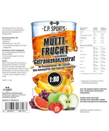 C.P.Sports Sugar-Free 1:80 Beverage Concentrate - 80L Fitness Drink with L-Carnitine & Vitamins - 1L Multifrucht Syrup | International Shipping Available - Buy Online on GoSupps.com