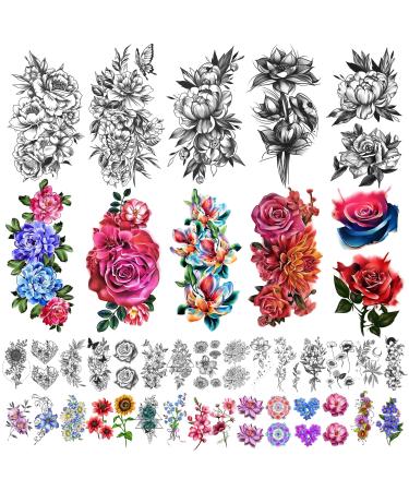 Yazhiji 40 sheets Waterproof Temporary Tattoos Large Flowers Collection Lasting Fake Tattoo Stickers for Women or Girls Beauty Decoration