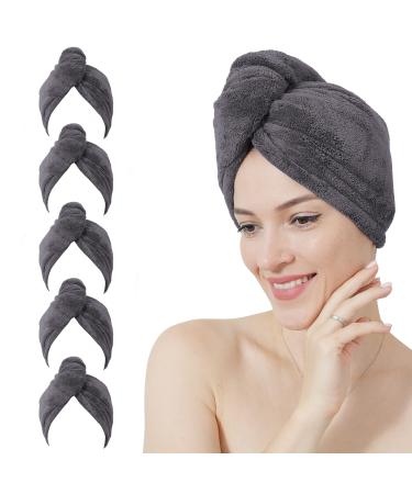 MOONQUEEN 5 Pack Hair Towel - Thicken 380GSM - Super Absorbent Quick Dry Hair Turban for Drying Curly Long Thick Hair Dark Grey