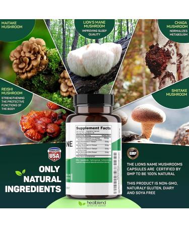 Mushroom Complex Extract with Lion's Mane Fruiting Body - 100% Natural and Effective Energy Pills - Brain Focus Supplement Stimulates Mood and Creativity - 60 Immune Support Capsules - Buy Online on GoSupps.com