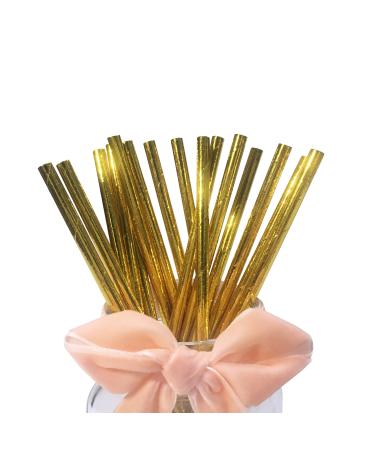 Gold Paper Straws 100 Counts Biodegradable Disposable Straws Foil Metal Golden Drinking Straws for Party Supplies Birthday Wedding Decorations Bridal/Baby Shower and Holiday Celebrations Solid Gold